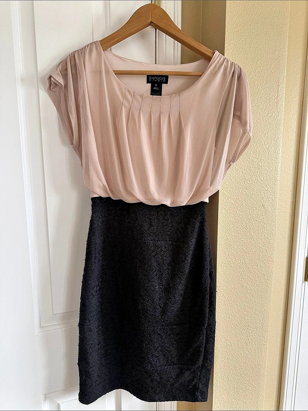 Enfocus Studio Blush Bodice and Black Lace Overlay Dress Black Lace Mini Dress.